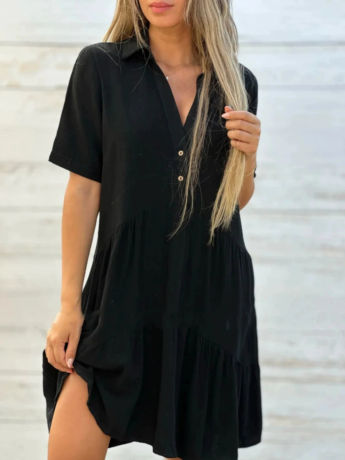 Linen Women's Summer Dress - Loose Fit, Short Sleeve, Lapel Collar, Button Front