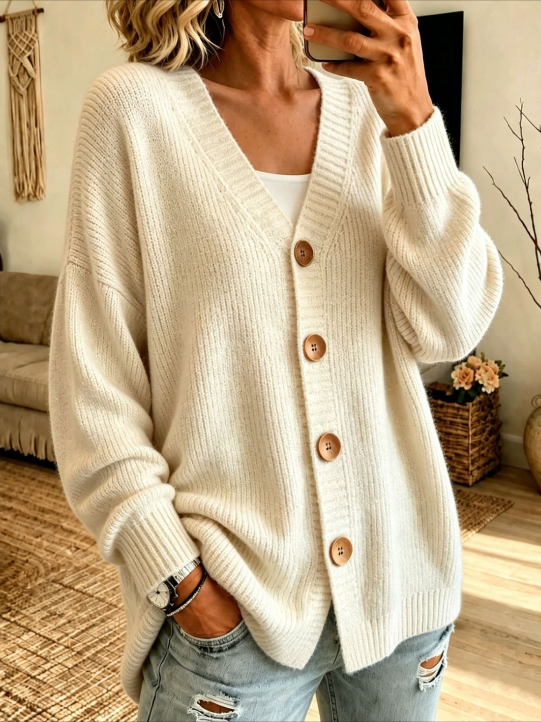 Solid Color Button V Neck Knitted Cardigan Sweater