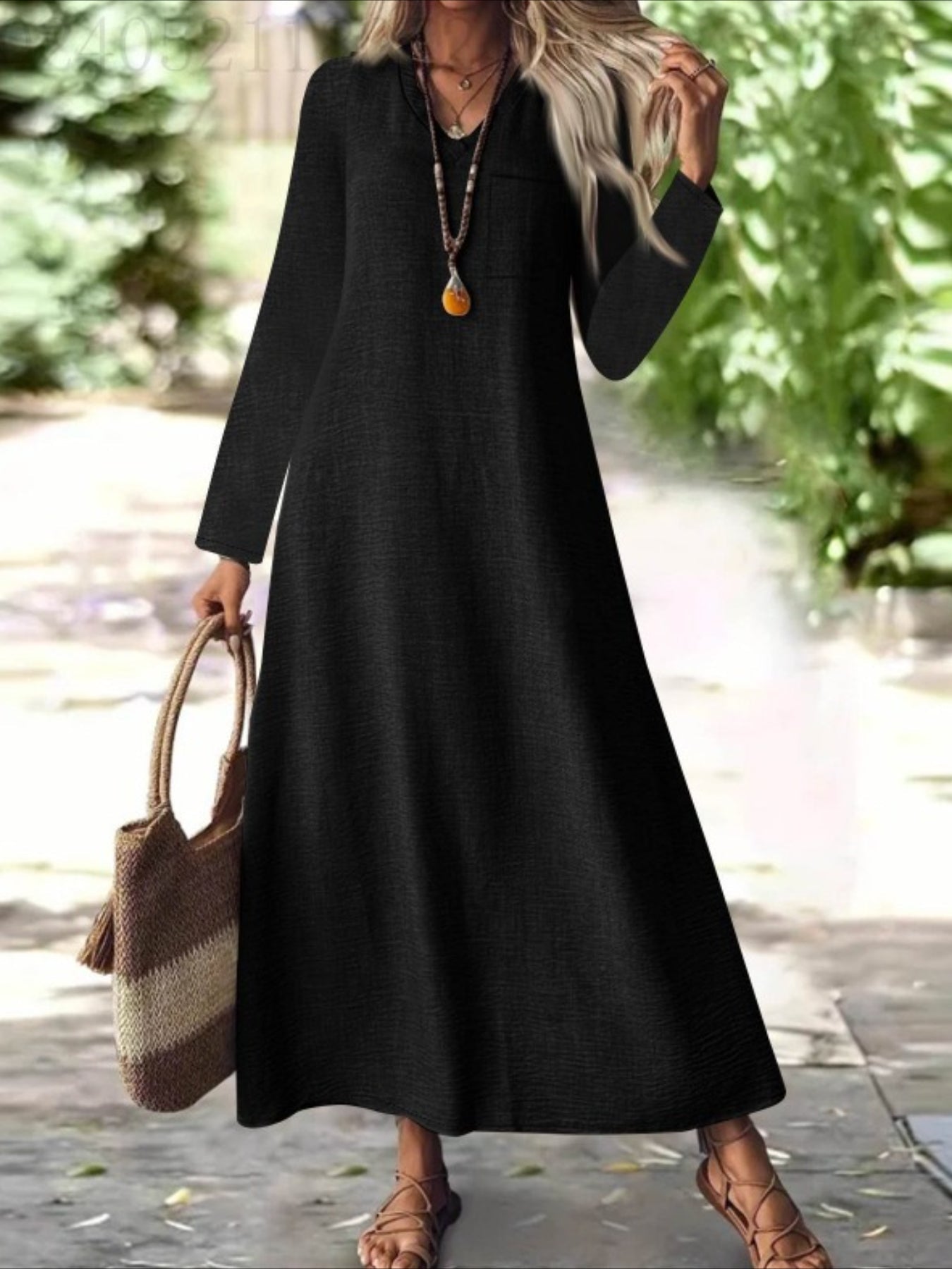 Back Zipper Solid Color Long Sleeve Cotton and Linen Dress