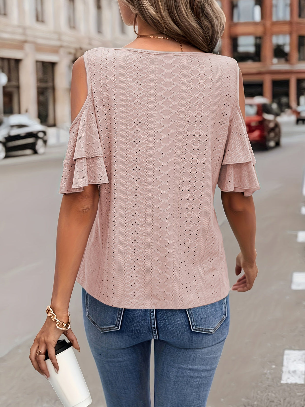 Cold Shoulder V Neck Eyelet T-Shirt, Casual Flutter Tiered Sleeve T-Shirt