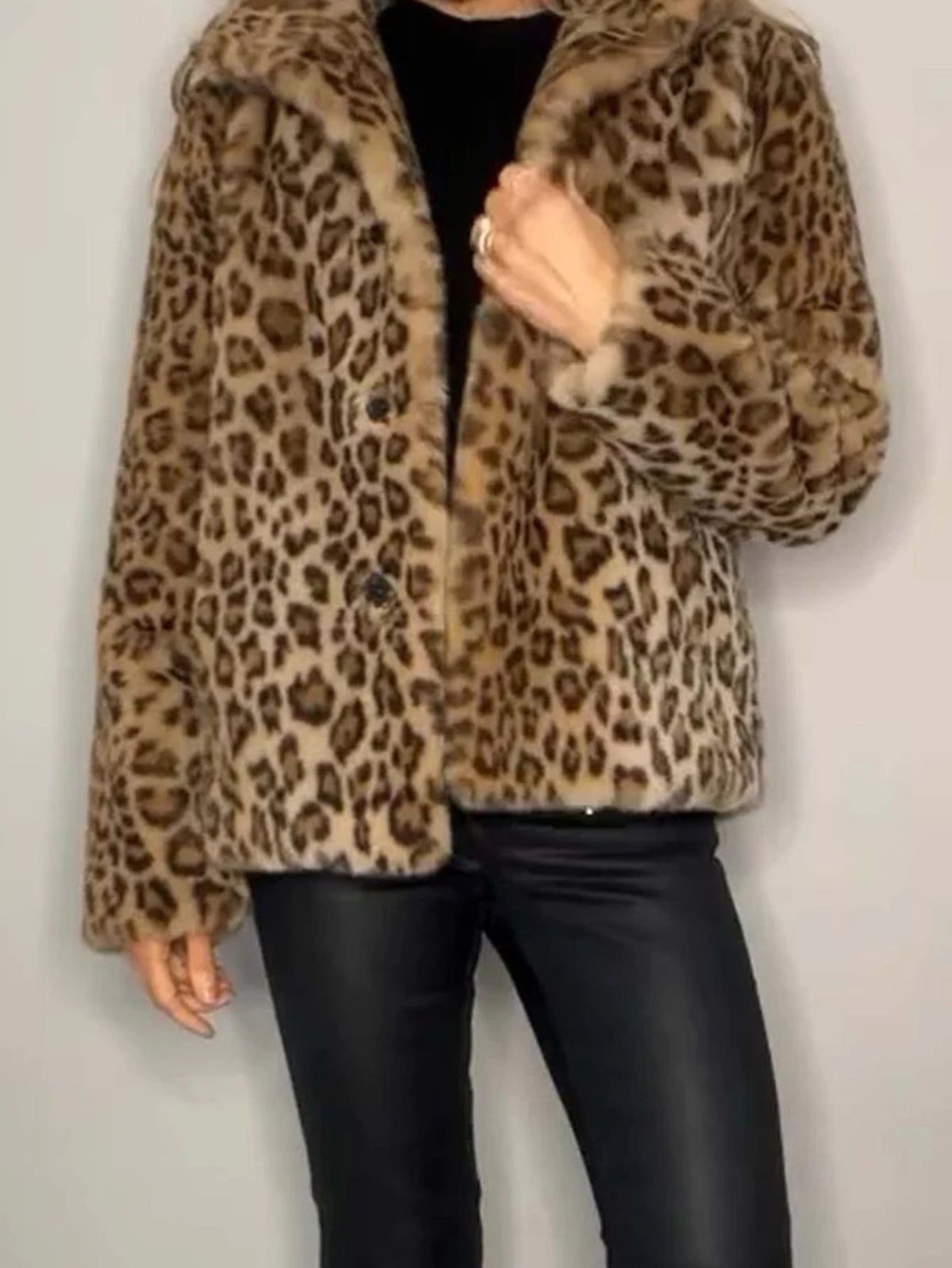 Full Size Leopard Furry Collared Neck Long Sleeve Coat