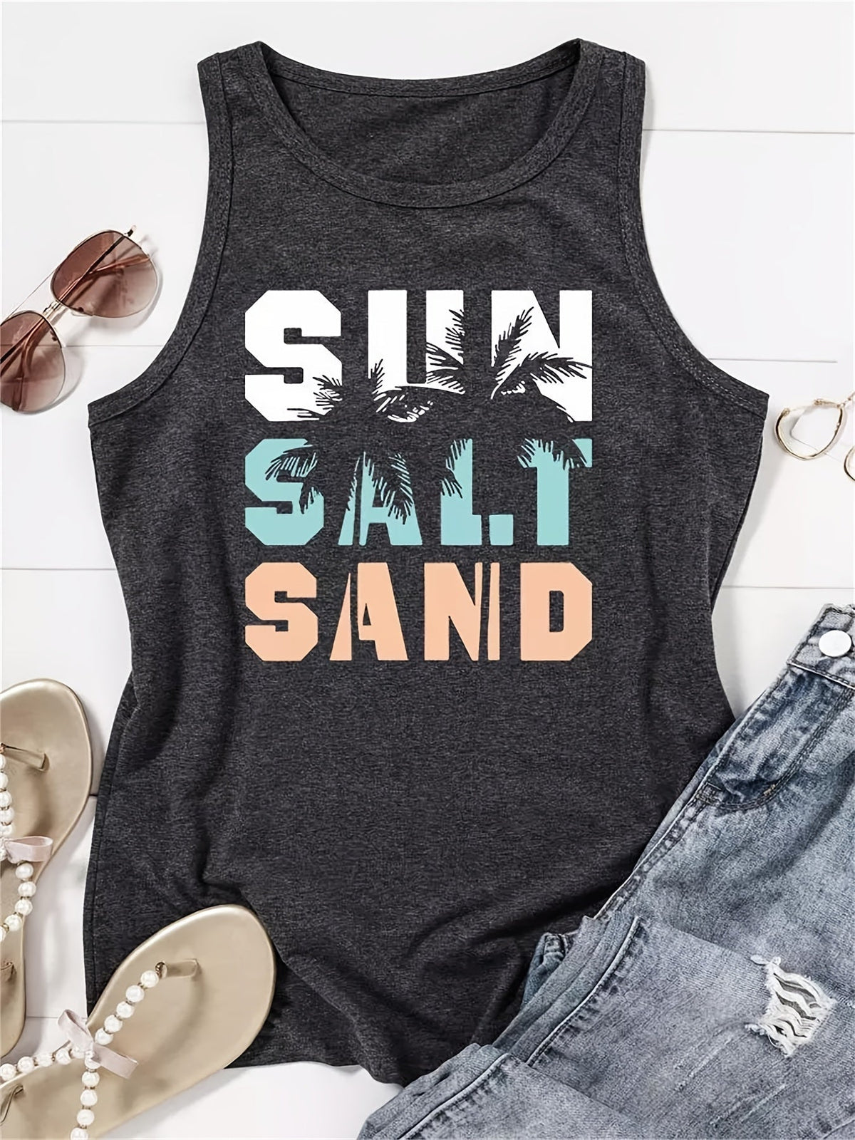 Sun Salt Sand Print Tank Top, Casual Sleeveless Crew Neck Beach Tank Top