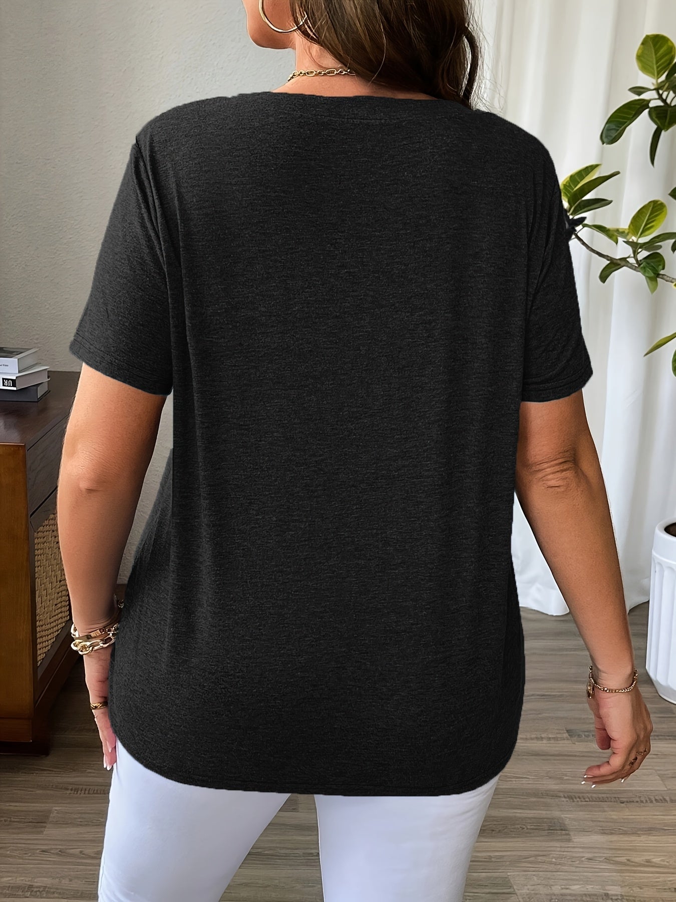 Solid Color T-Shirt with Crisscross V-Neck and Short Sleeves