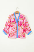 Multicolour Floral Half Sleeve Striped Trim V Neck Blouse