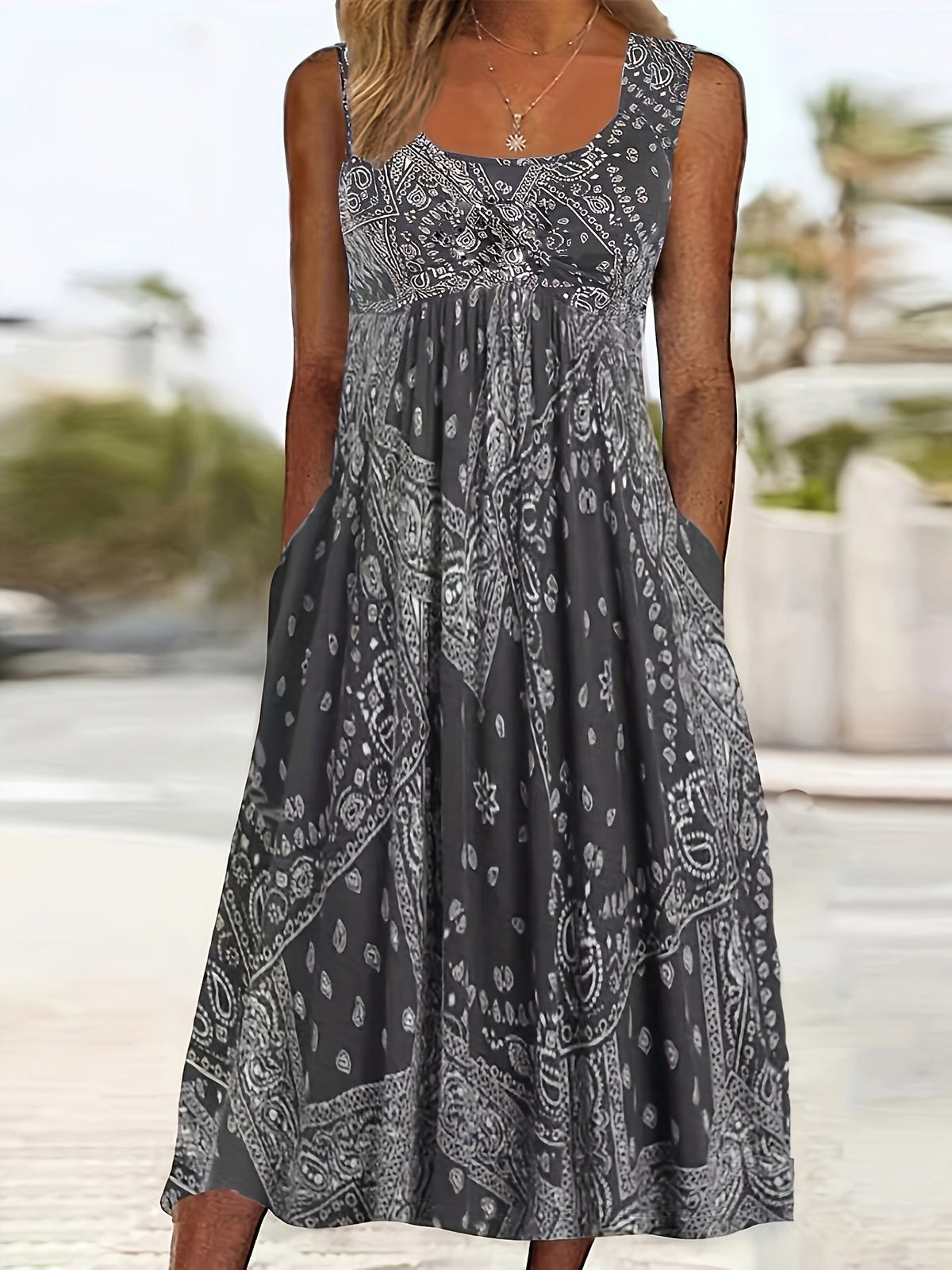 Geometric Print Sleeveless Midi Dress