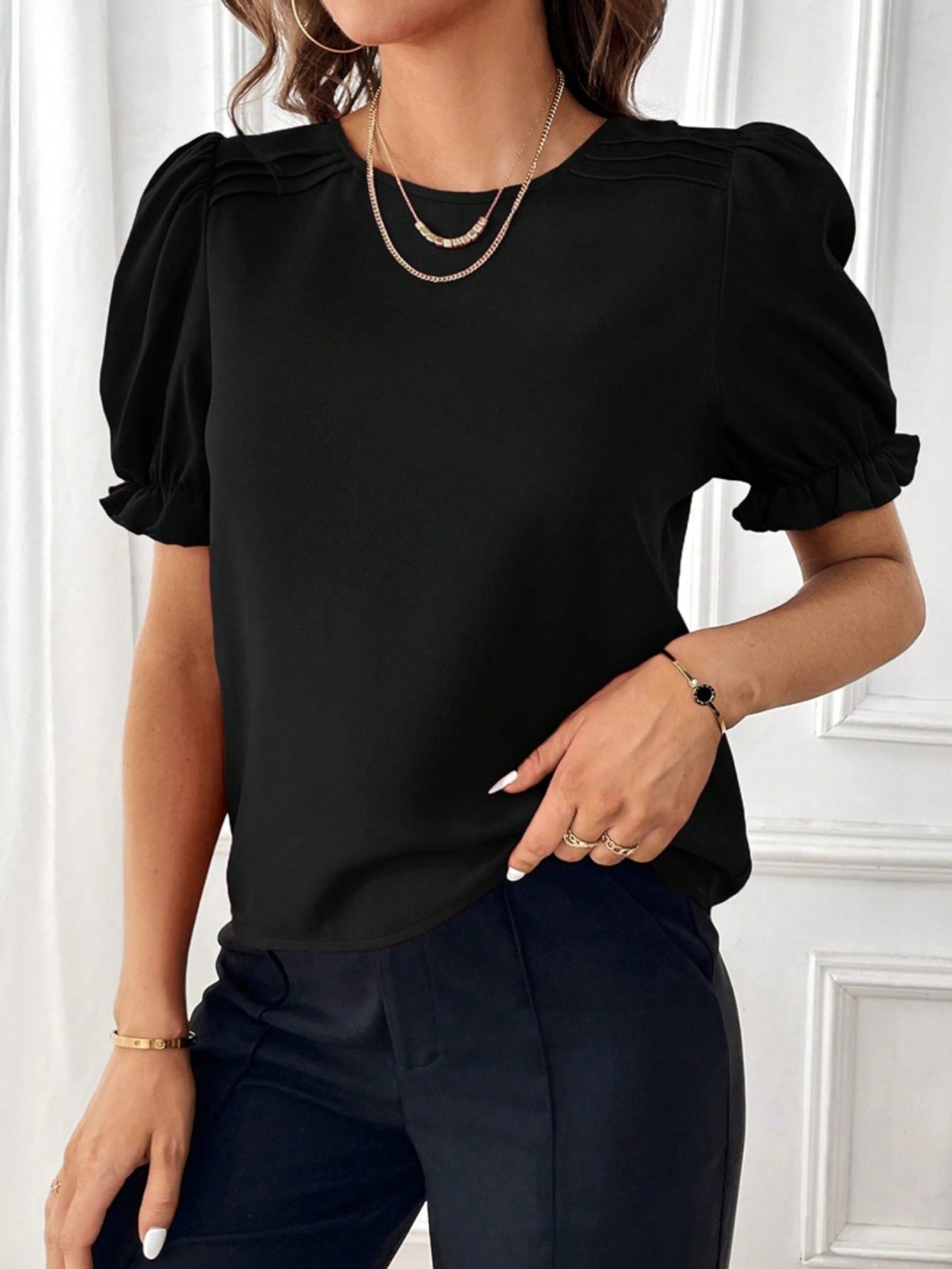 Solid Crew Neck Blouse, Elegant Puff Sleeve Blouse