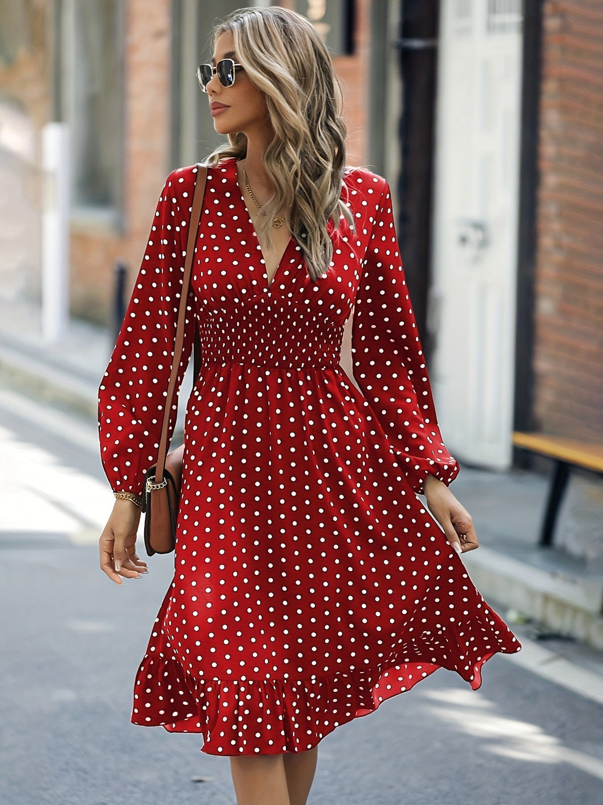 Retro V-neck Ruffle Dress, Polka Dot Print Long Sleeve Waist Loose Summer Dresses