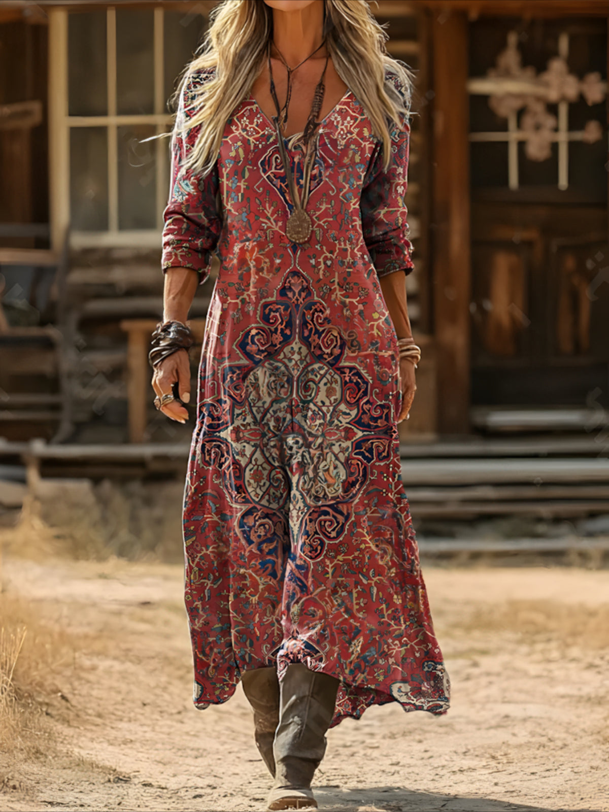 Vintage Ethnic Floral Digital Print Long Sleeve Dress