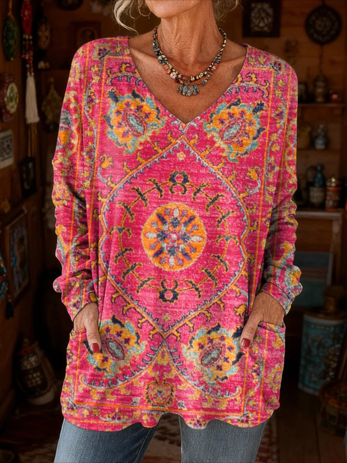 Long Sleeve Spring/Fall Floral Printing V Neck Daily Going Out Vintage Top