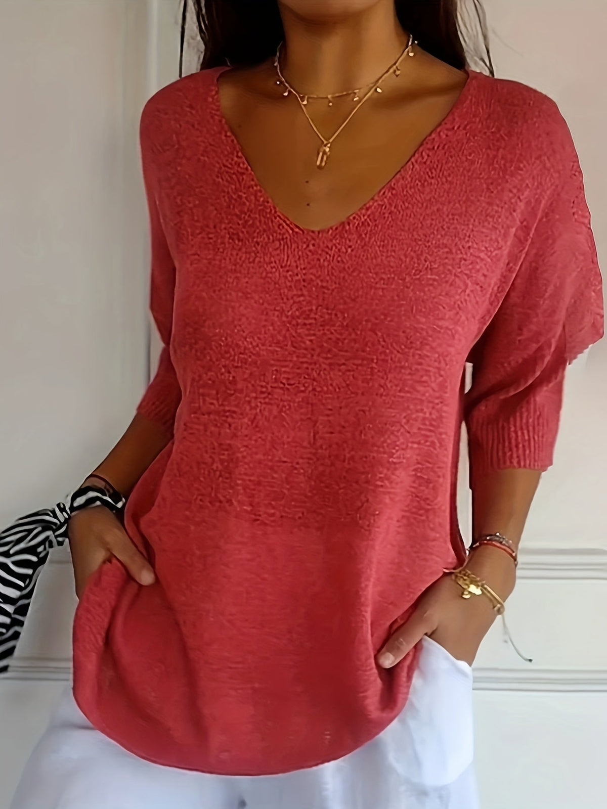 Cozy V Neck Pullover Three-Quarter Sleeve Knitted Sweater