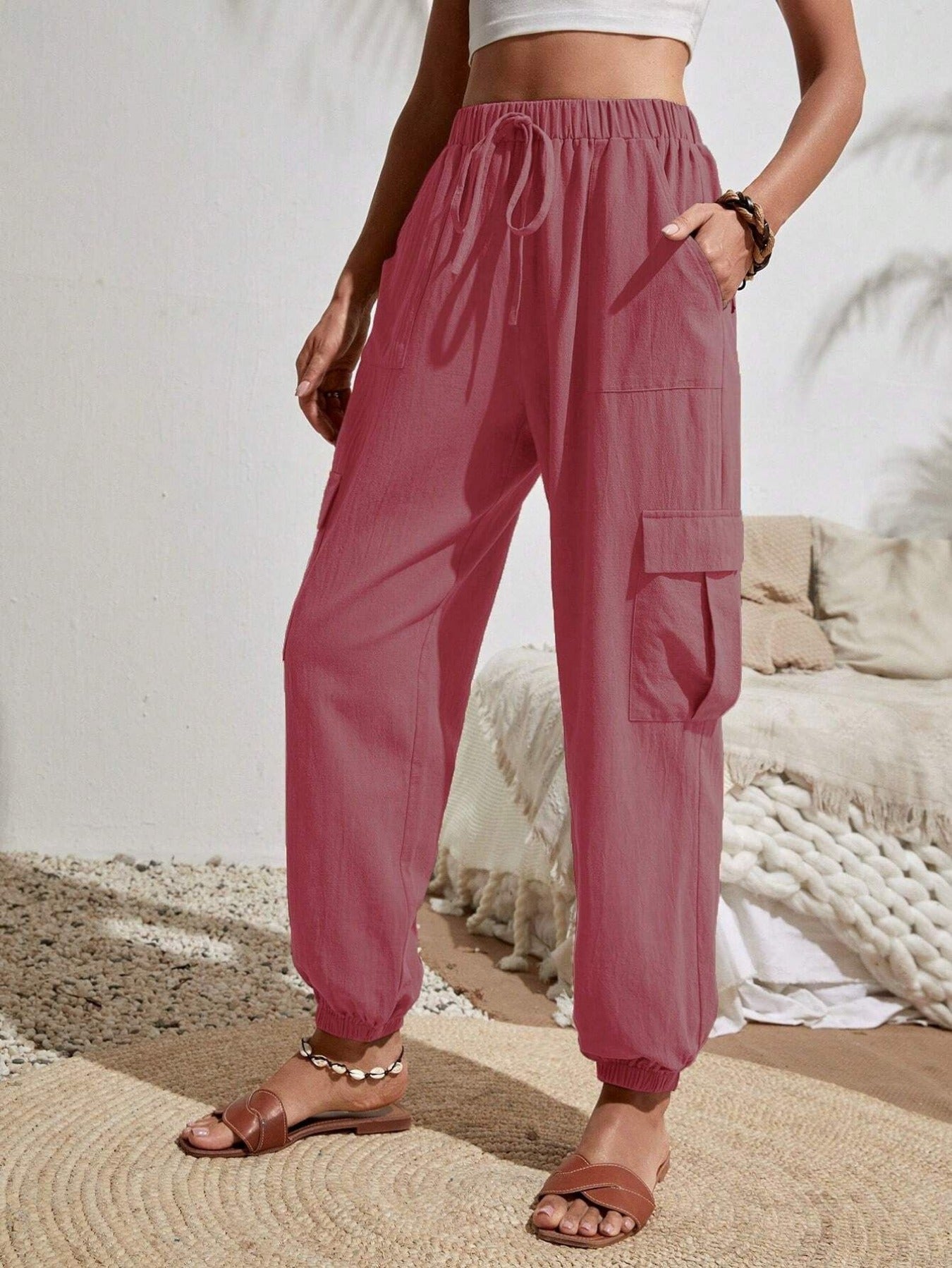 Solid Drawstring Pants, Casual Slant Pockets Cargo Pants