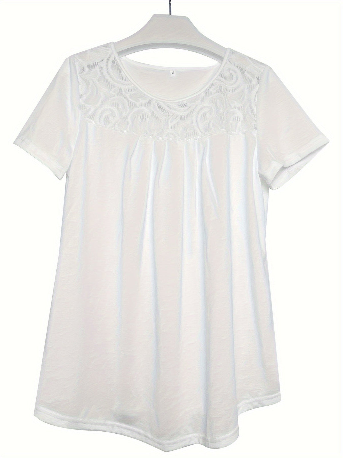 Women's Contrast Lace Ruched T-Shirt - Casual Short Sleeve Top