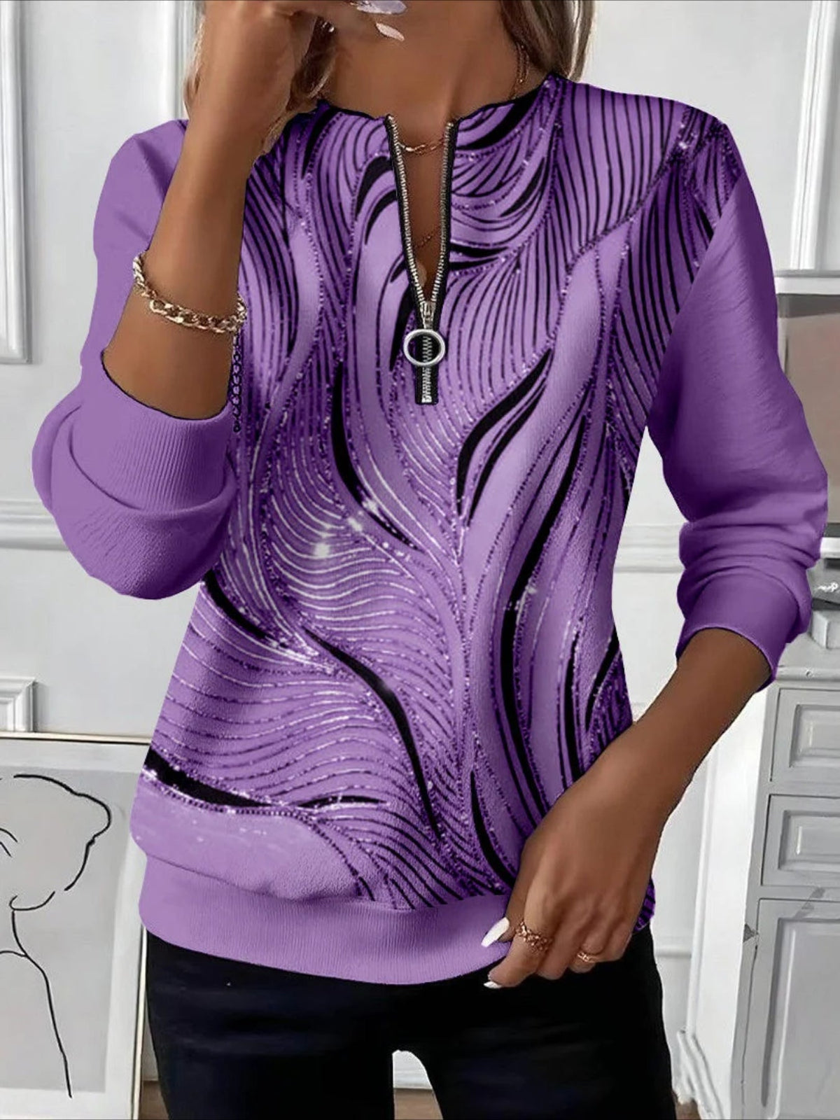 Retro Art Graphic Design Long Sleeve Center Front Zip Sweatshirt