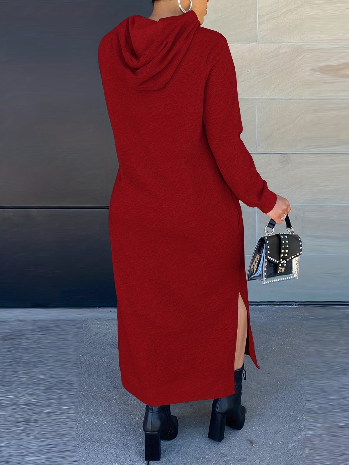 Drawstring Split Dress, Casual Hooded Long Sleeve Maxi Dress