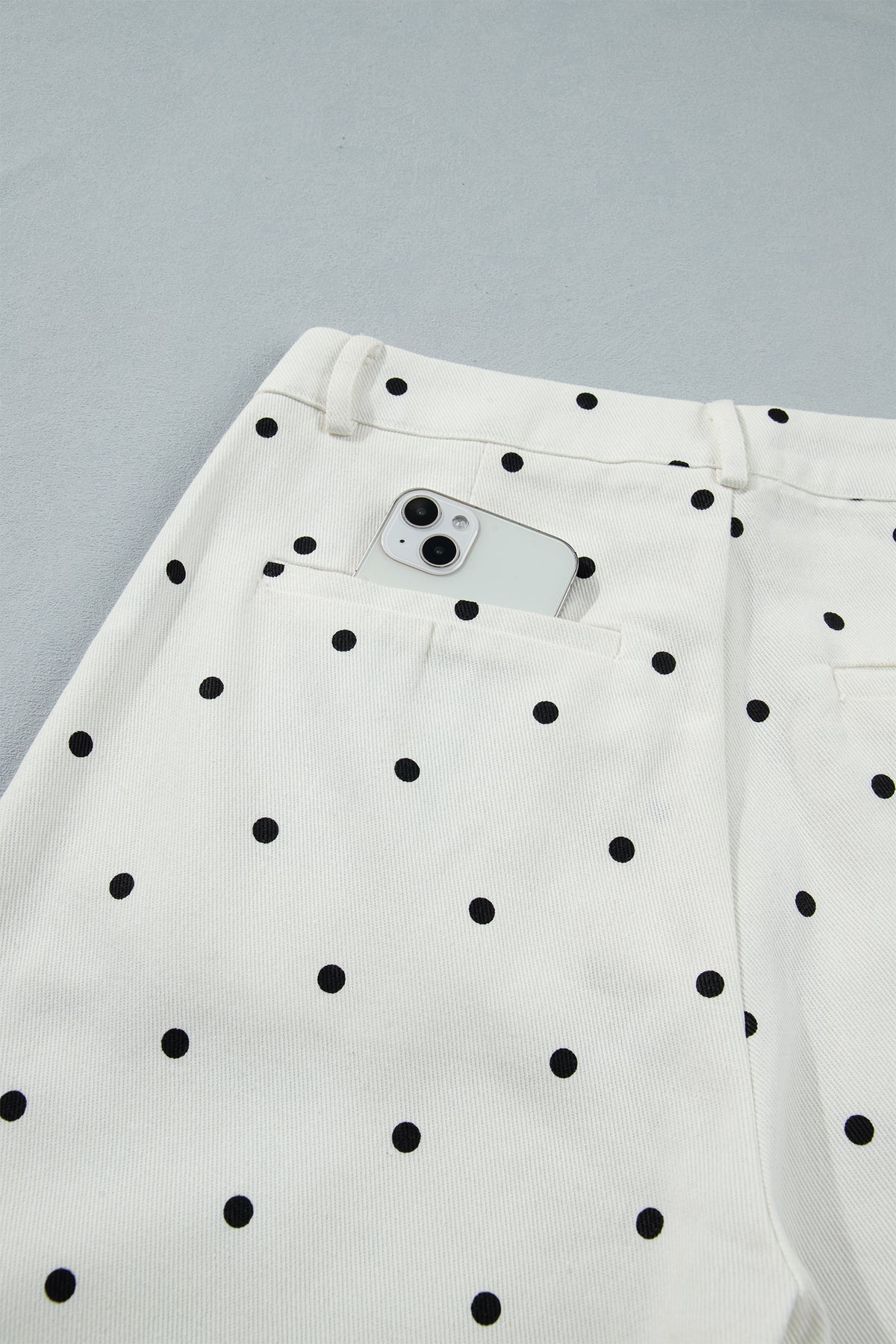 White Polka Dot Print Scalloped Patch Pocket Cotton Shift Pants