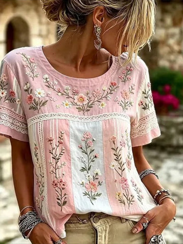 Floral Print Short Sleeve Crew Neck Top with Patchwork Blouse Style
