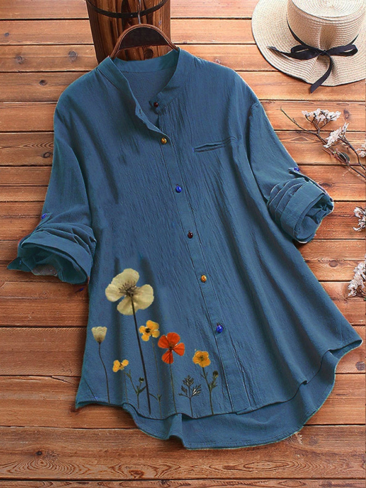 Women's Floral Print Long Sleeve Colorful Button Turn Down Collar Shirt