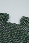 Green Plaid Square Neck Shirred High Waist Ruffle Hem Dress