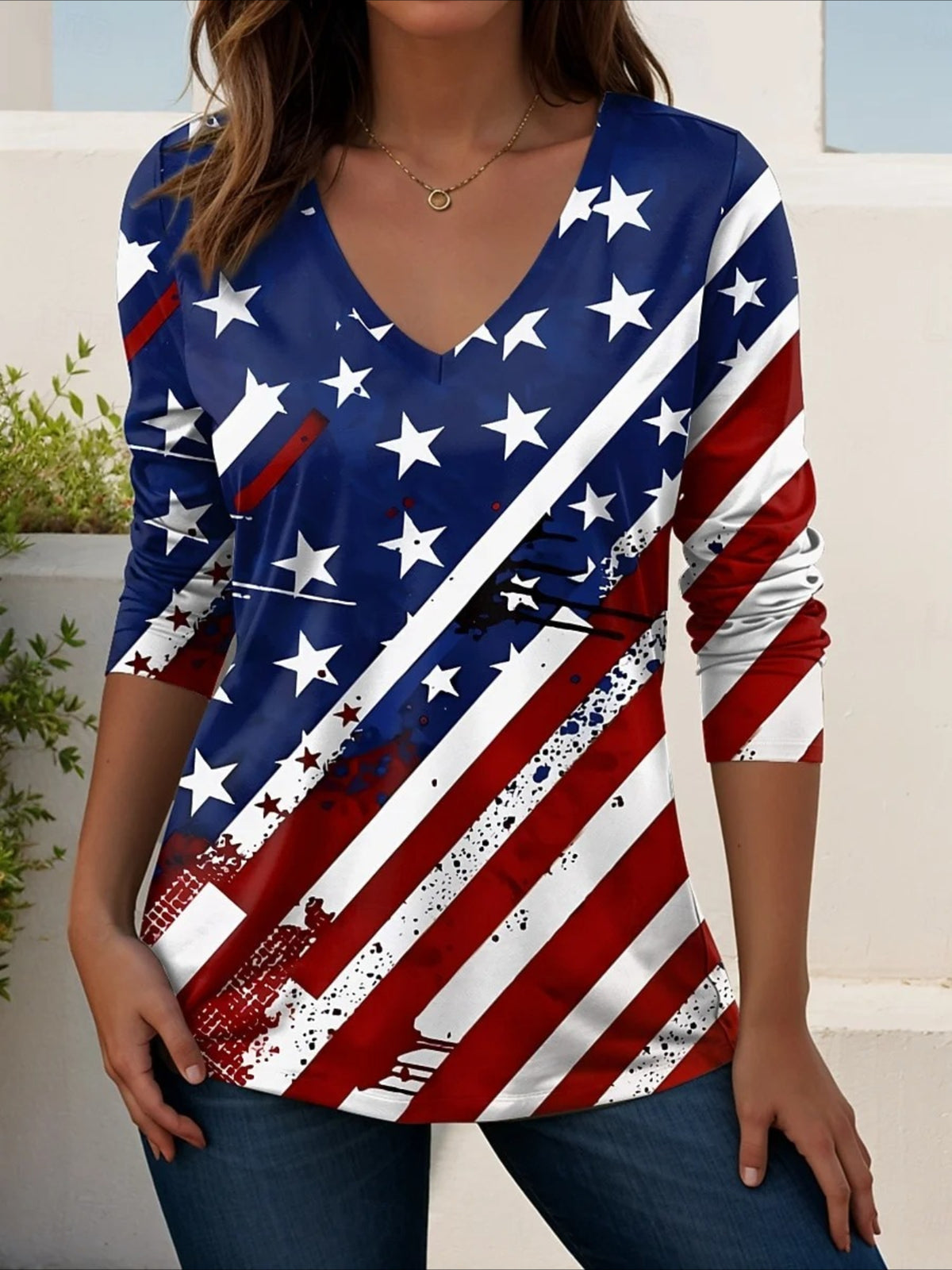 Casual Independence Day (Flag) V Neck Long Sleeve T-shirt