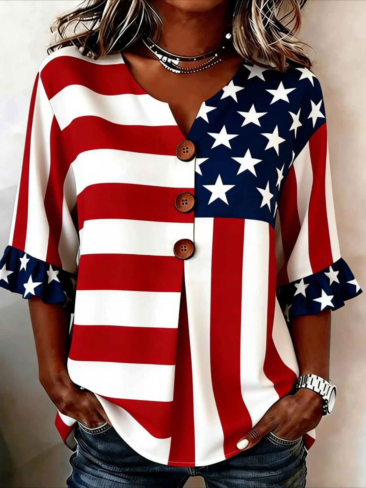 V Neck Button Short Ruffle Sleeve Casual Top