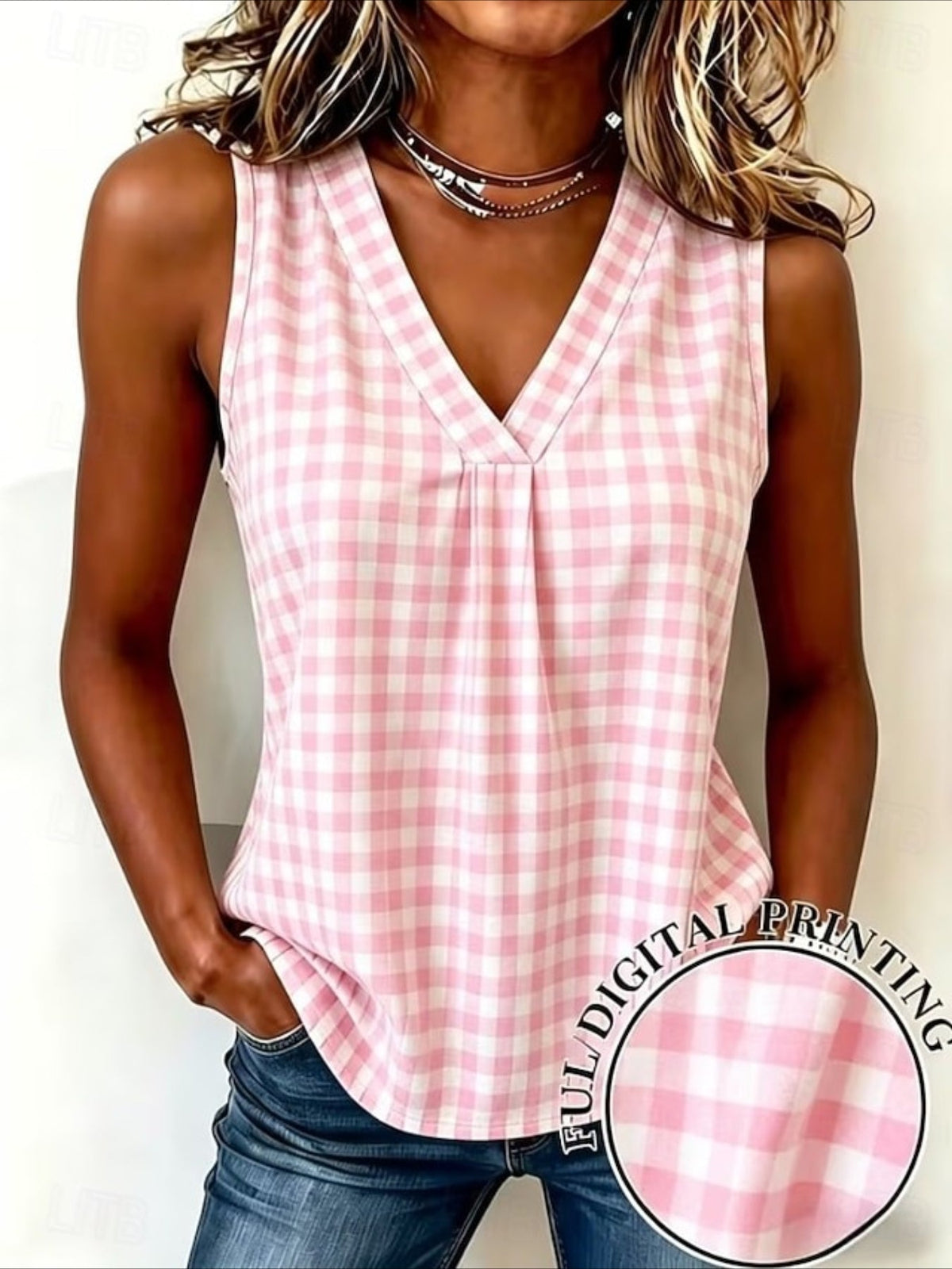 V-Neck Pullover Plaid Print Simple and Elegant Commuter Tank Top