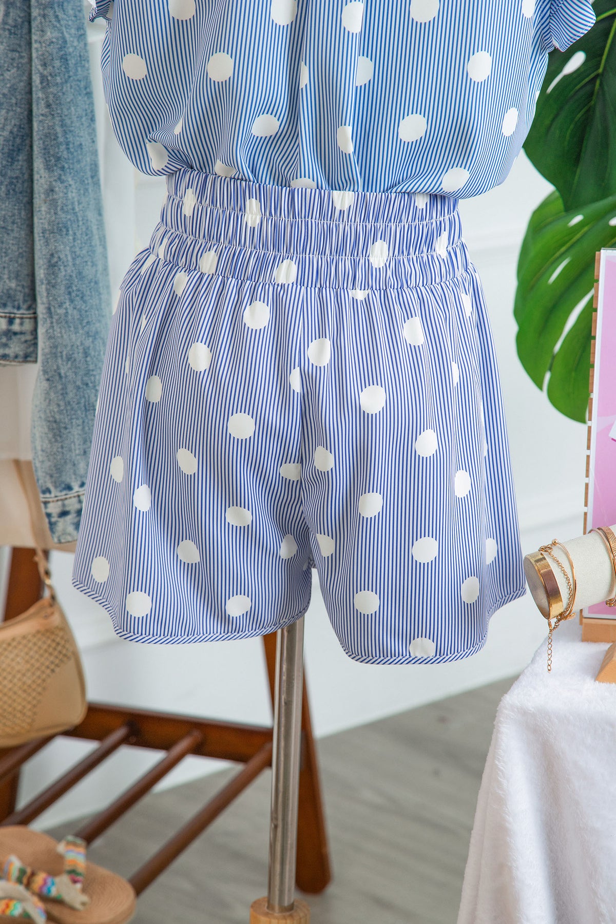 Sky Blue Polka Dot Print Shirred High Waist Casual Shorts