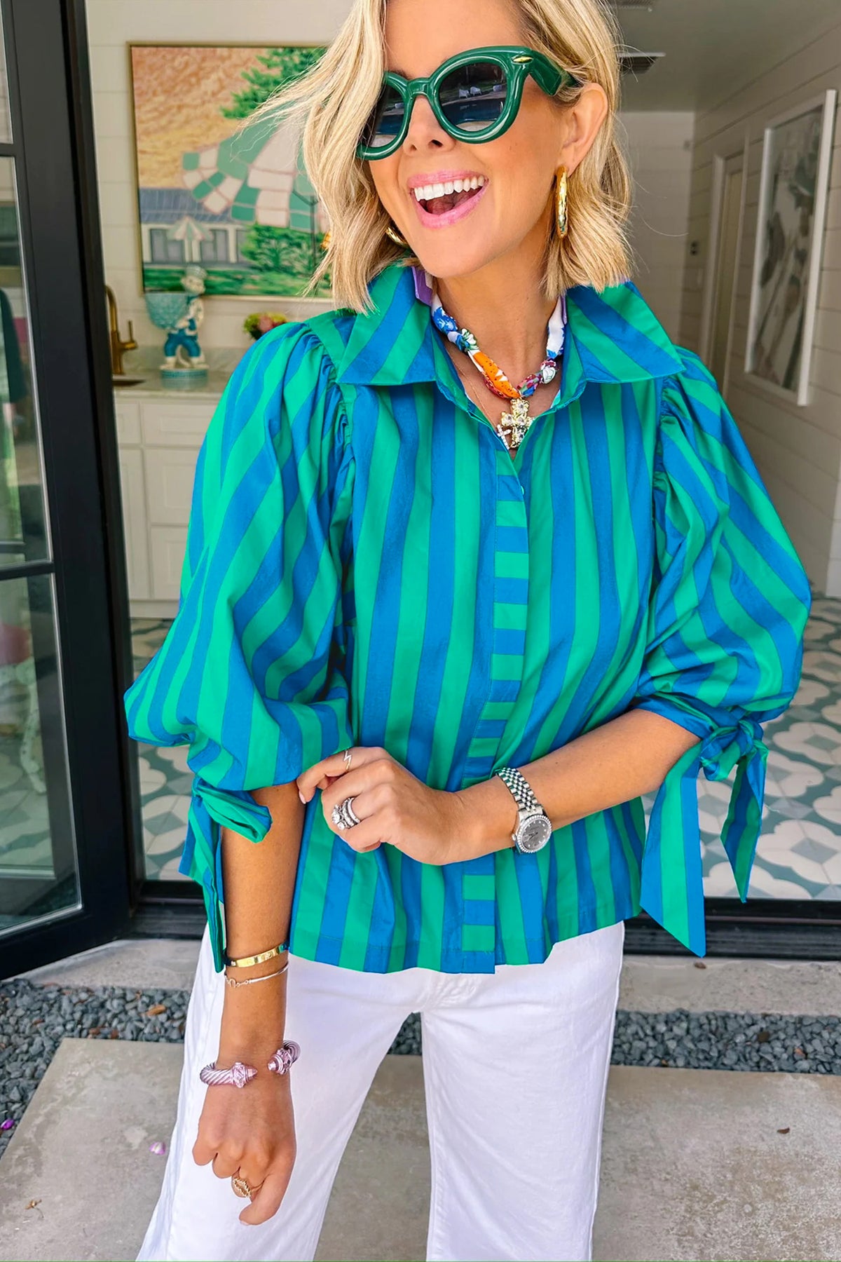 Blue Stripe Tie Puff Sleeve Womens Button Down Shirt