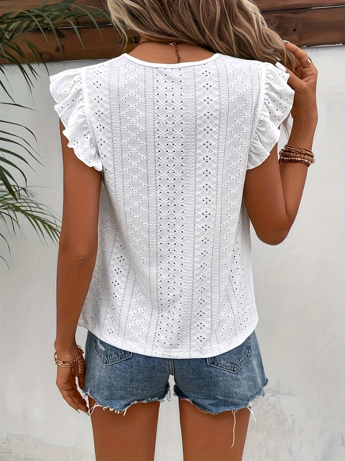 Solid Eyelet Ruffle Trim T-Shirt, Vintage Crew Neck T-Shirt