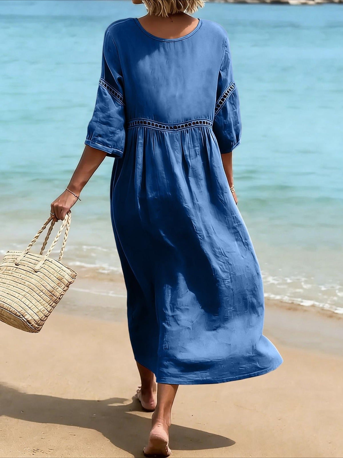 Casual V-Neck Solid Color Hollow Out Dress