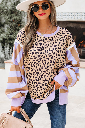 Purple Stripe Color Block Patchwork Leopard Casual Sweatshirt with Slits