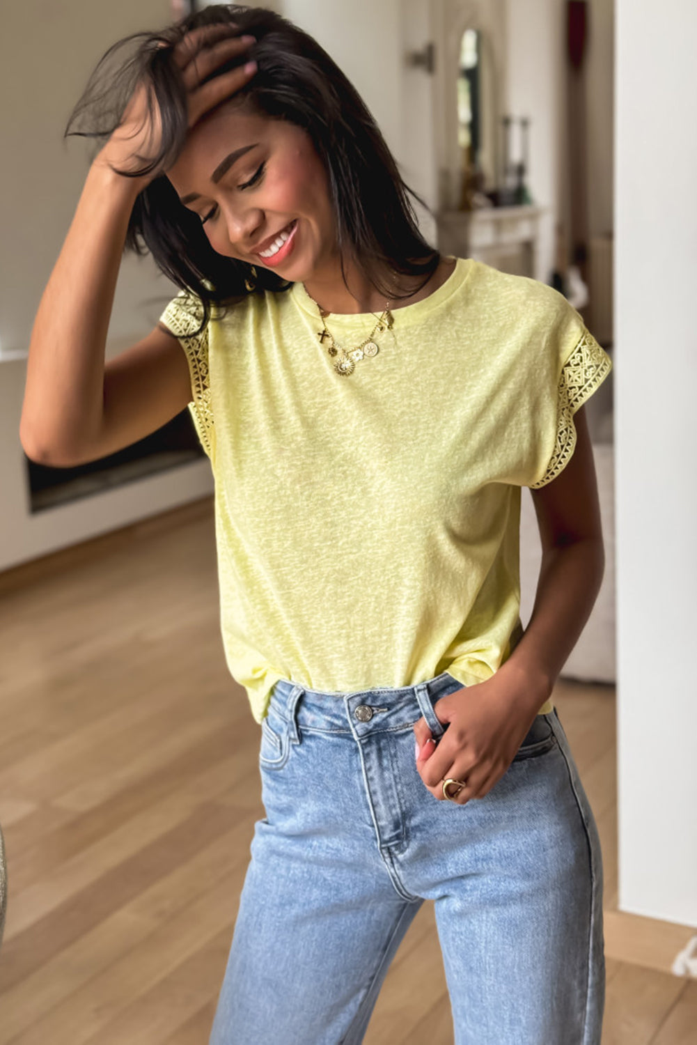 Yellow Cream Lace Patchwork Cap Sleeve Round Neck T Shirt