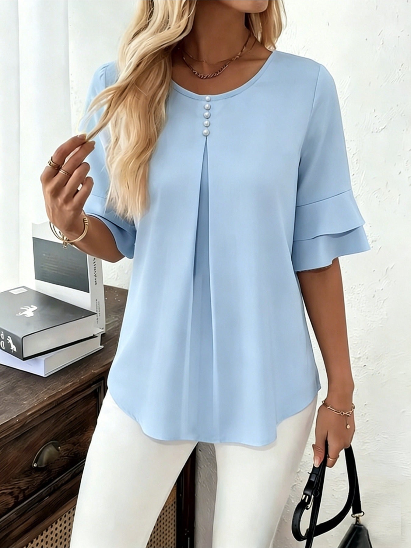 Elegant Fashion Summer Loose Solid Round Neck Button-Up Shirt Flared Sleeve Ruffle Top