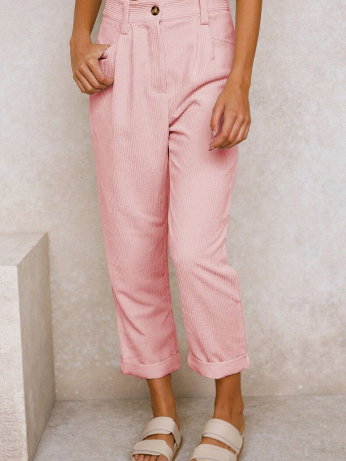 Women's High-Waist Corduroy Pants - Casual Solid Color, Loose Fit Straight Leg with Pockets
