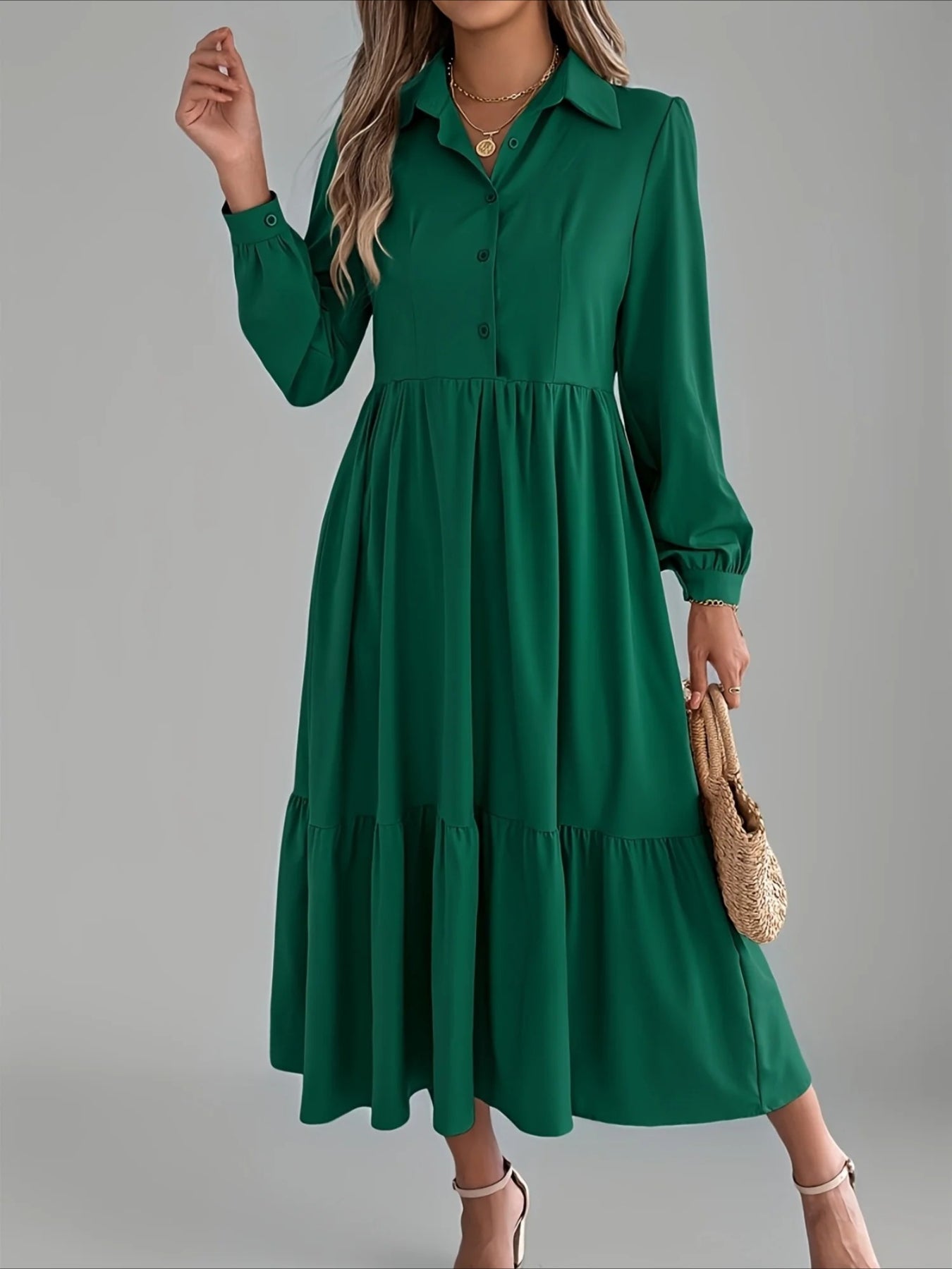 Elegant Solid Color Ruffle Hem Long Sleeve Lapel Collar Midi Dress