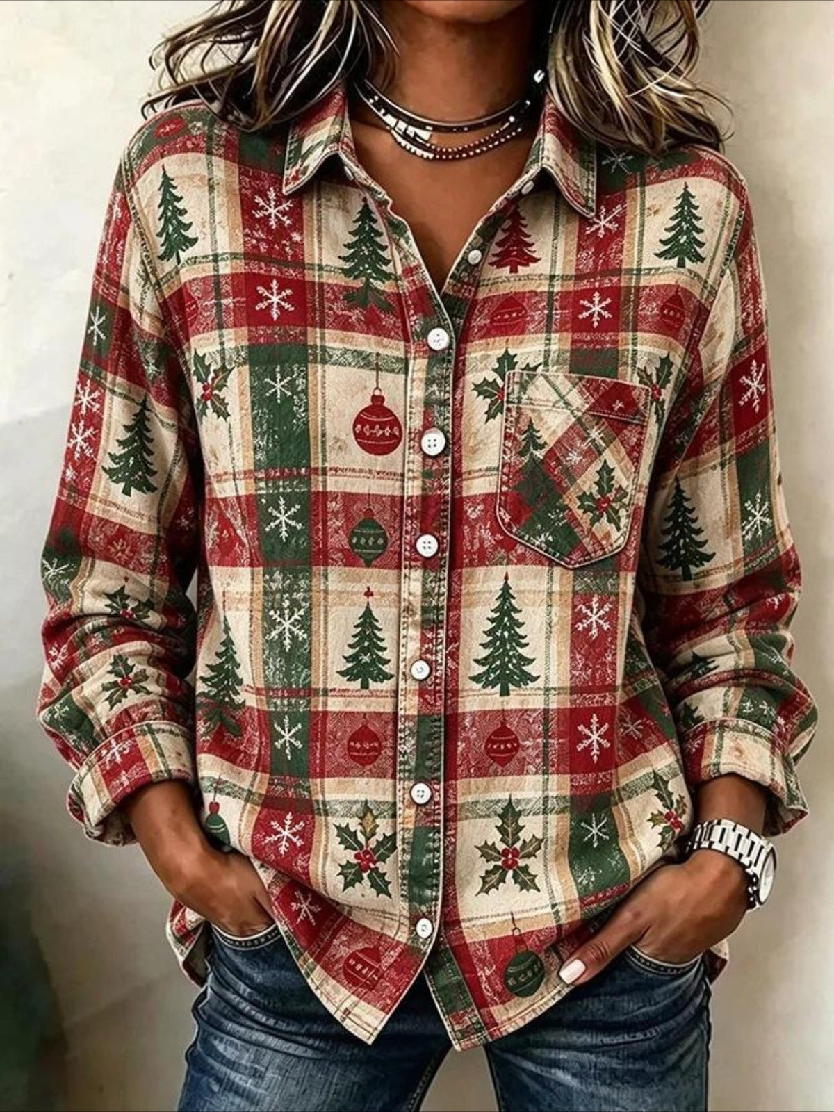 Christmas Snowflake & Tree Patterns Long Sleeve Plain Regular Micro-Elasticity Regular Fit Shirt