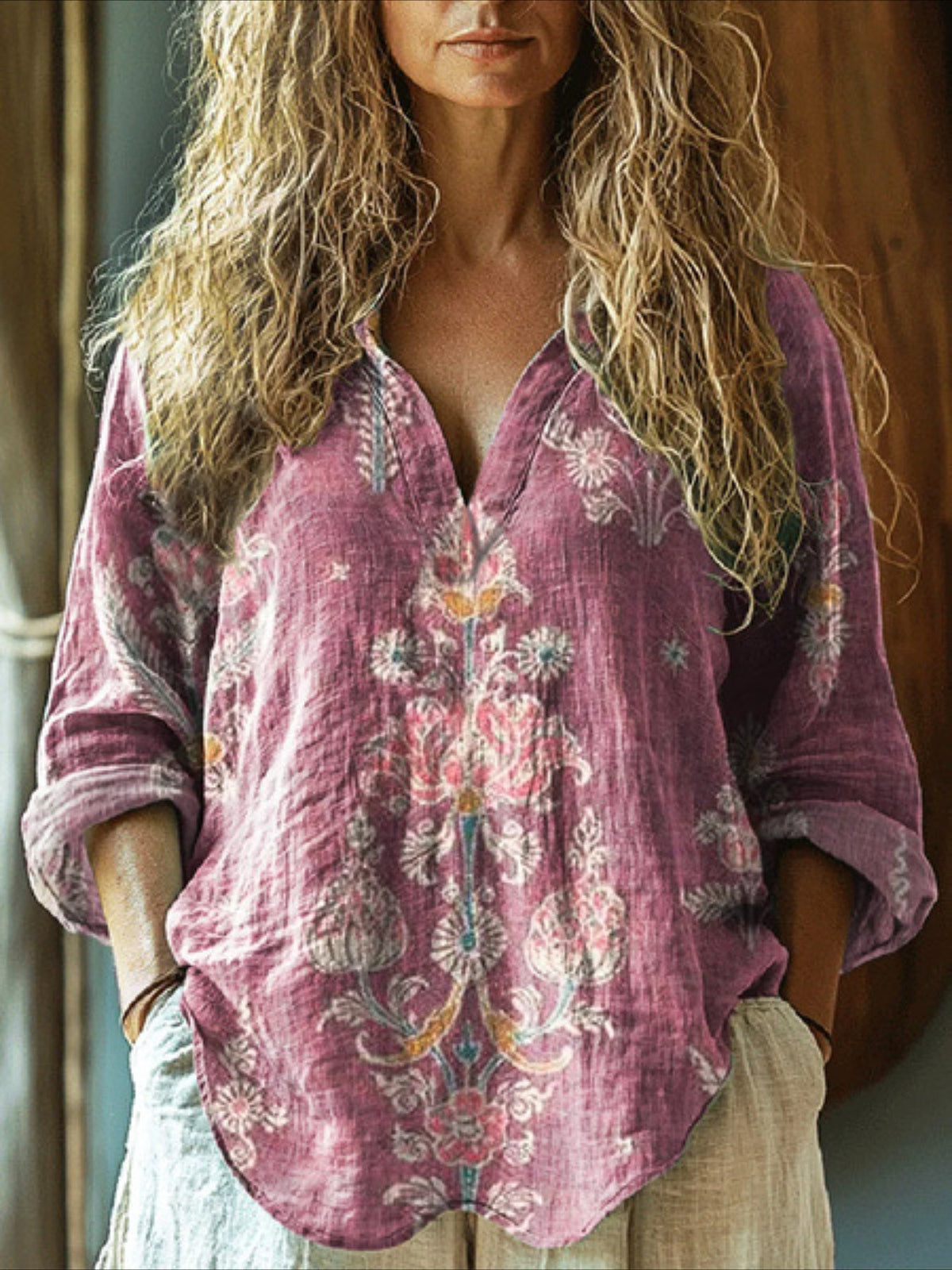 V Neck Long Sleeve Ombre Regular Loose Shirt