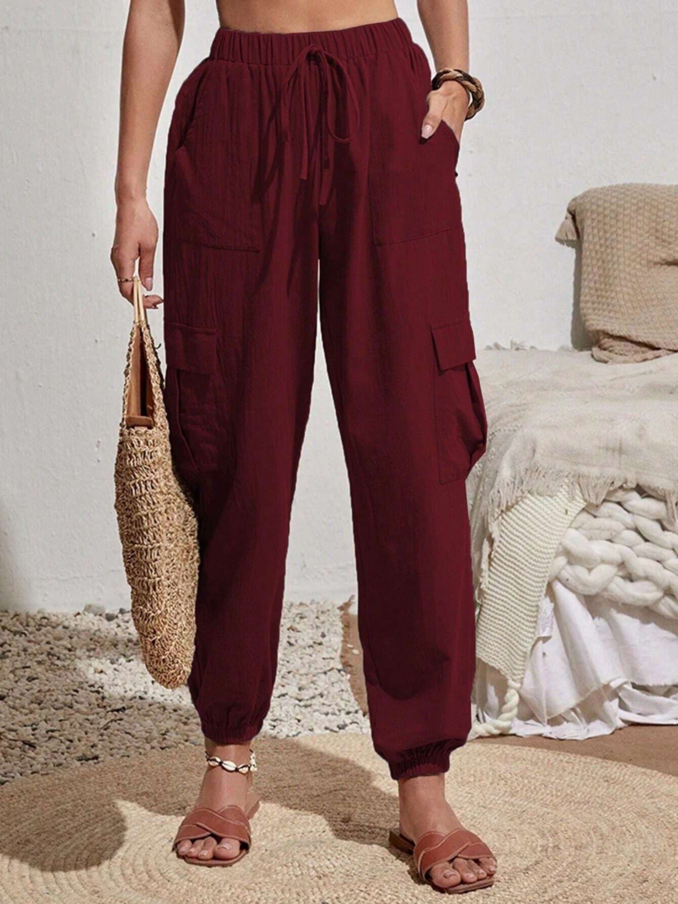 Solid Drawstring Pants, Casual Slant Pockets Cargo Pants