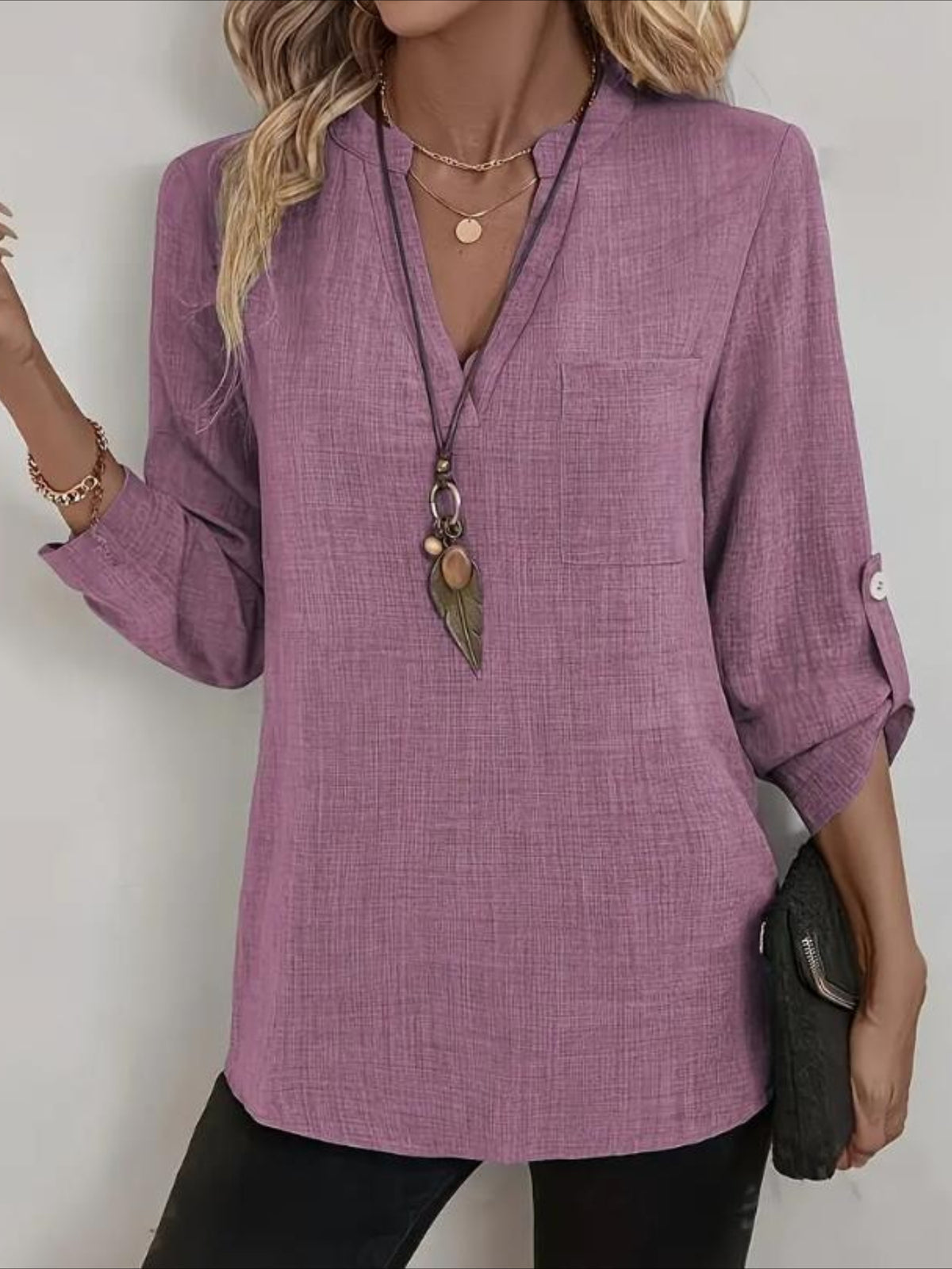 Three Quarter Sleeve Shirt Spring/Fall Apricot Plain Split Joint V Neck Daily Going Out Casual Top