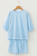 Sky Blue Polka Dot Oversized Top Drawstring Short Set