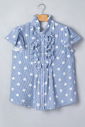 Sky Blue Stripe Contrast Polka Dot Print Pleated Ruffle Sleeve Shirt