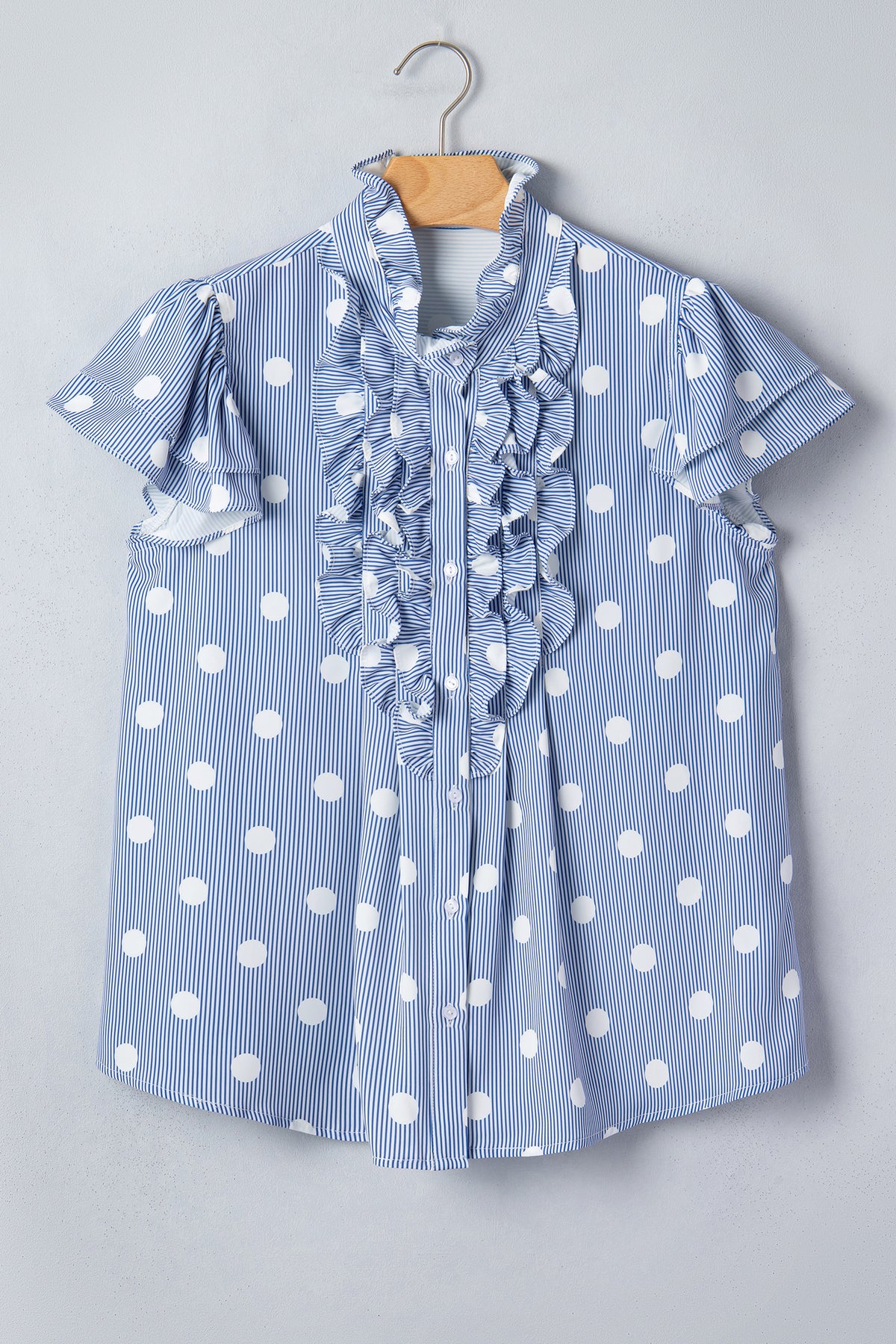 Sky Blue Stripe Contrast Polka Dot Print Pleated Ruffle Sleeve Shirt