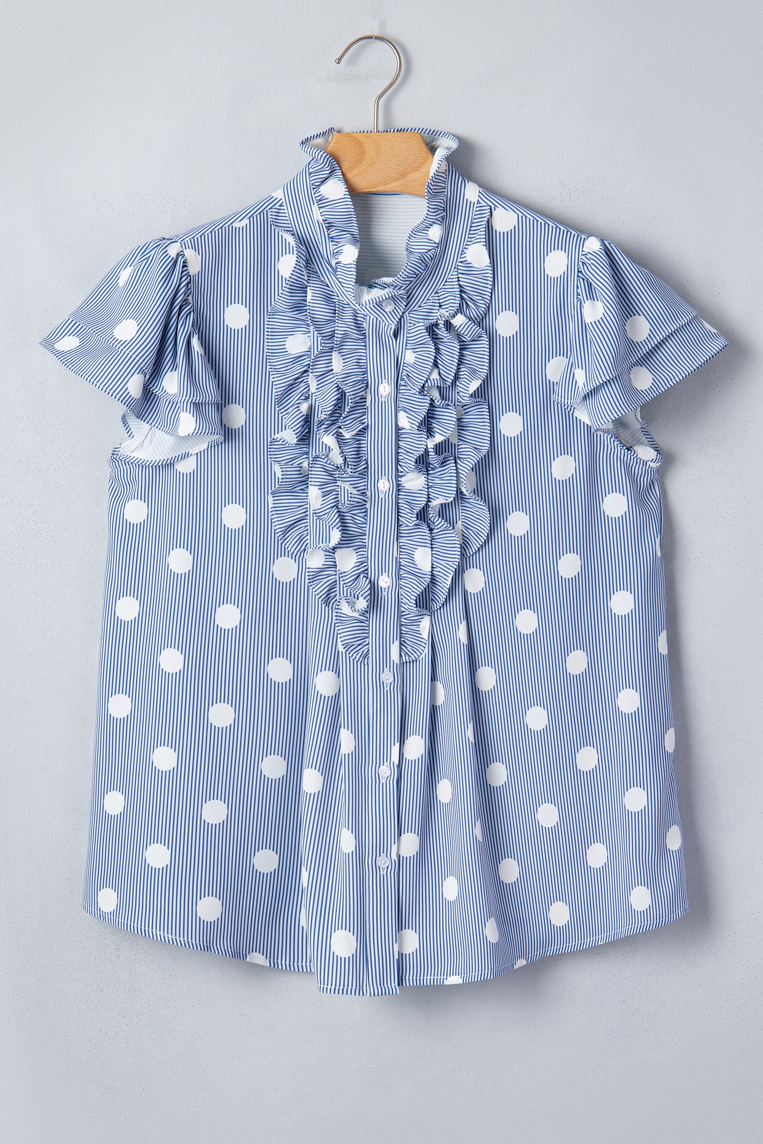 Sky Blue Stripe Contrast Polka Dot Print Pleated Ruffle Sleeve Shirt