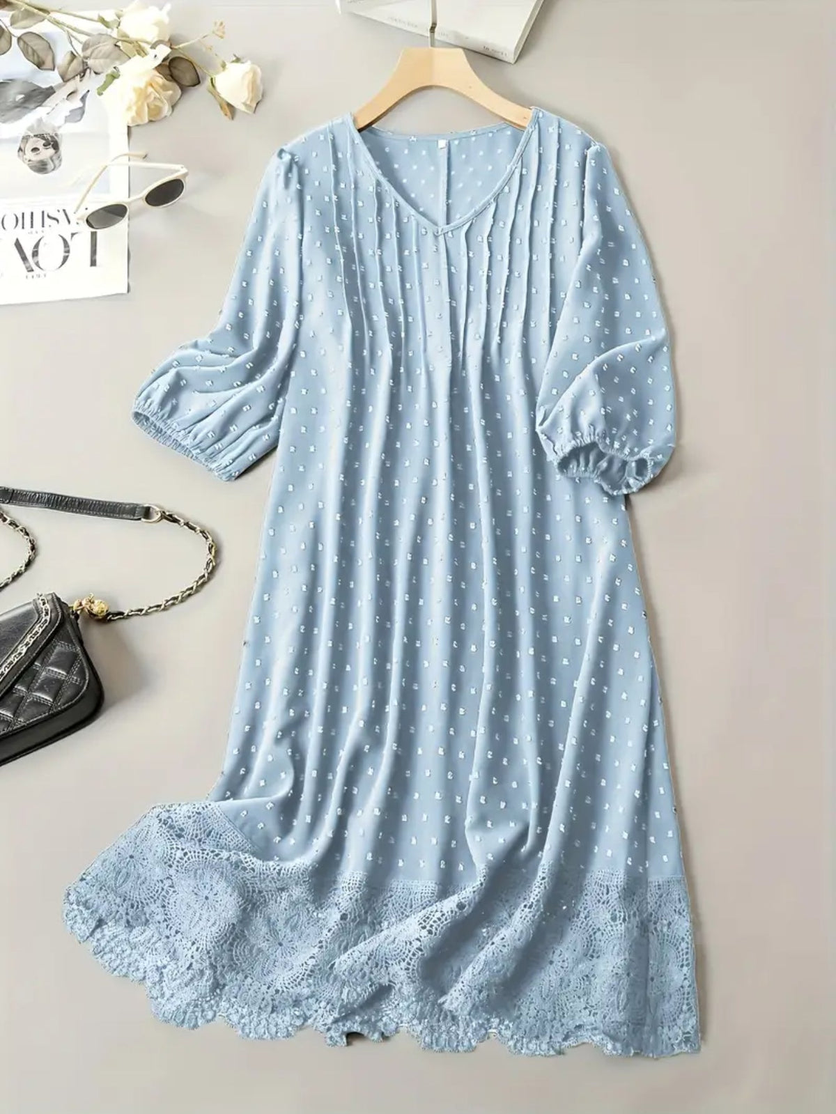 Swiss Dot Dress, Elegant V Neck with Lace Hem