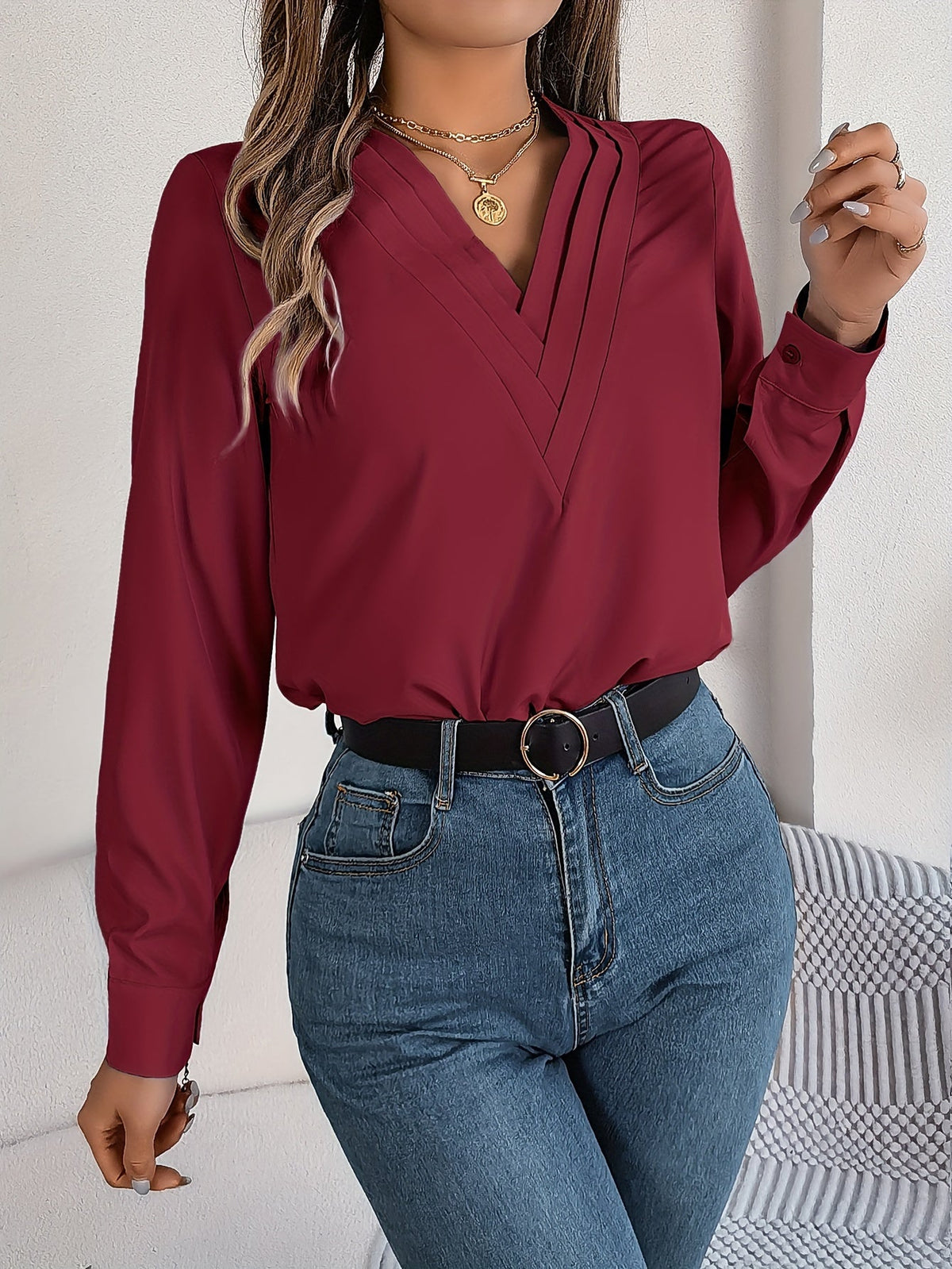 Solid Color V Neck Blouse, Elegant Long Sleeve Blouse