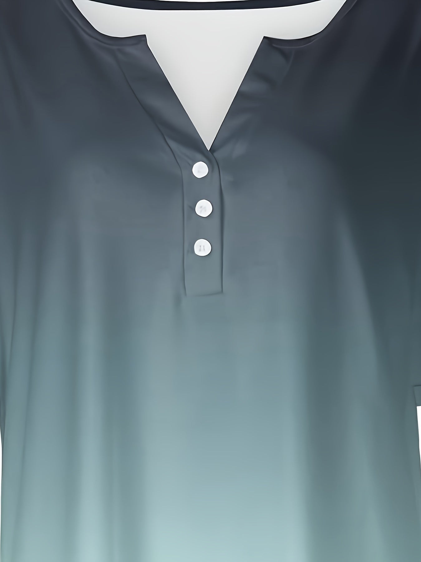 Ombre Fake Buttons Notched Neck T-shirt, Casual Short Sleeve Top