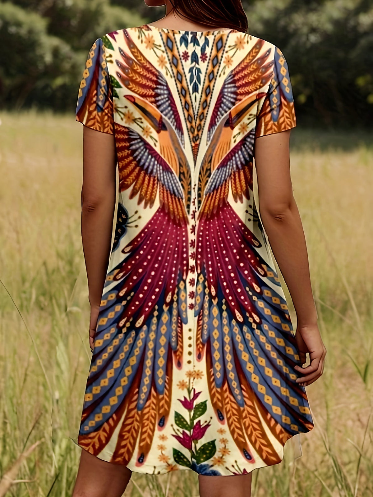 Elegant Floral Print Knee-Length Short Sleeve Round Neck A-Line Dress