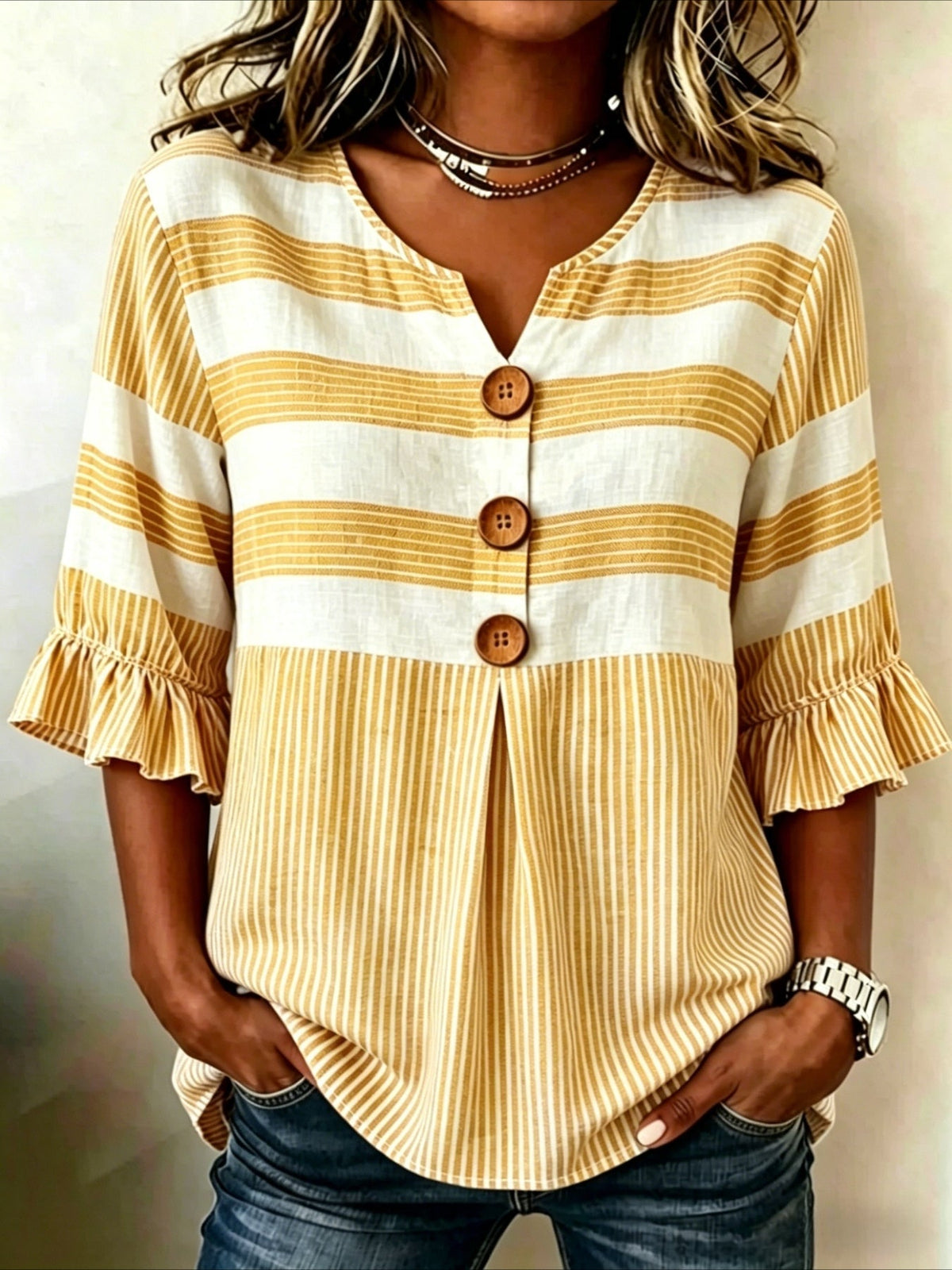 Striped Print V Neck Button Short Ruffle Sleeve Casual Top