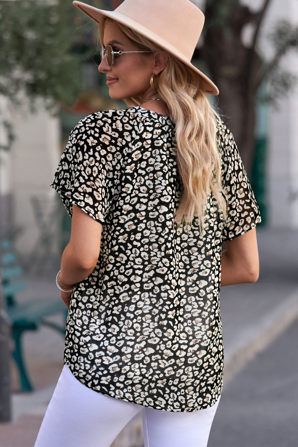 Black Flutter Sleeve V Neck Floral Summer Blouse