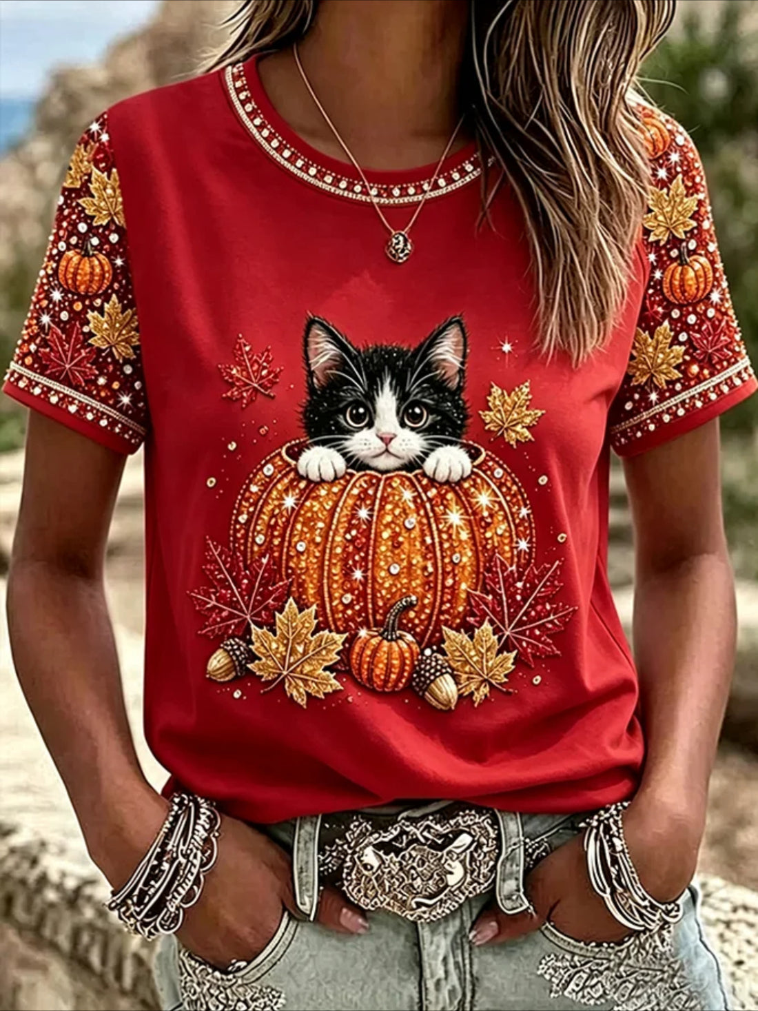 100% Cotton Casual Cat Crew Neck Short Sleeve T-shirt