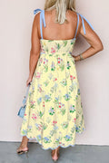 Yellow Floral Print Contrast Trim Self-tie Straps High Waist Midi Dress